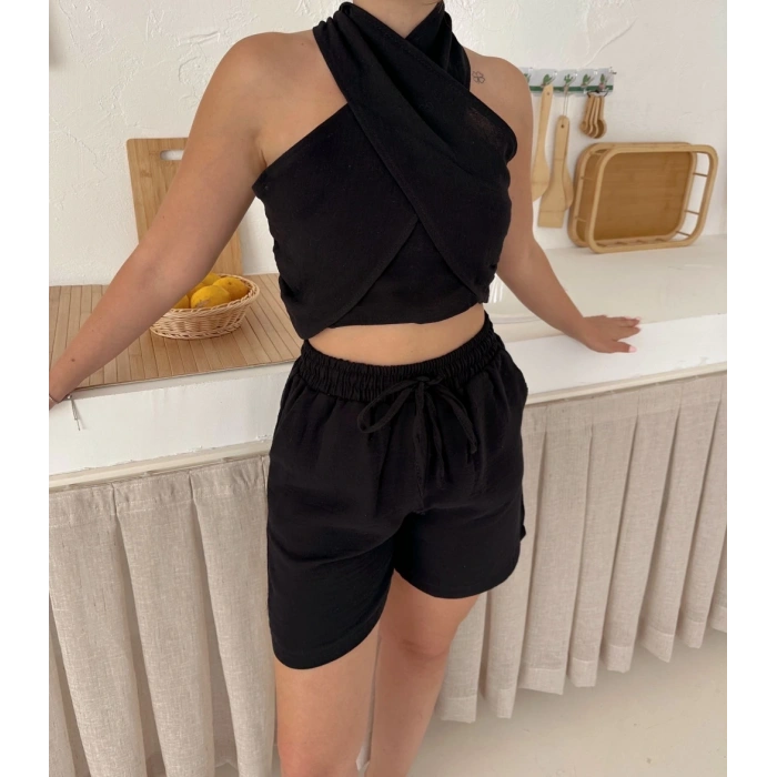 Boyundan bağlamalı keten şortlu takım
