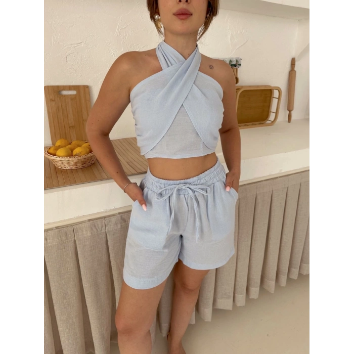Boyundan bağlamalı keten şortlu takım