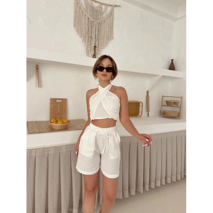 Boyundan bağlamalı keten şortlu takım