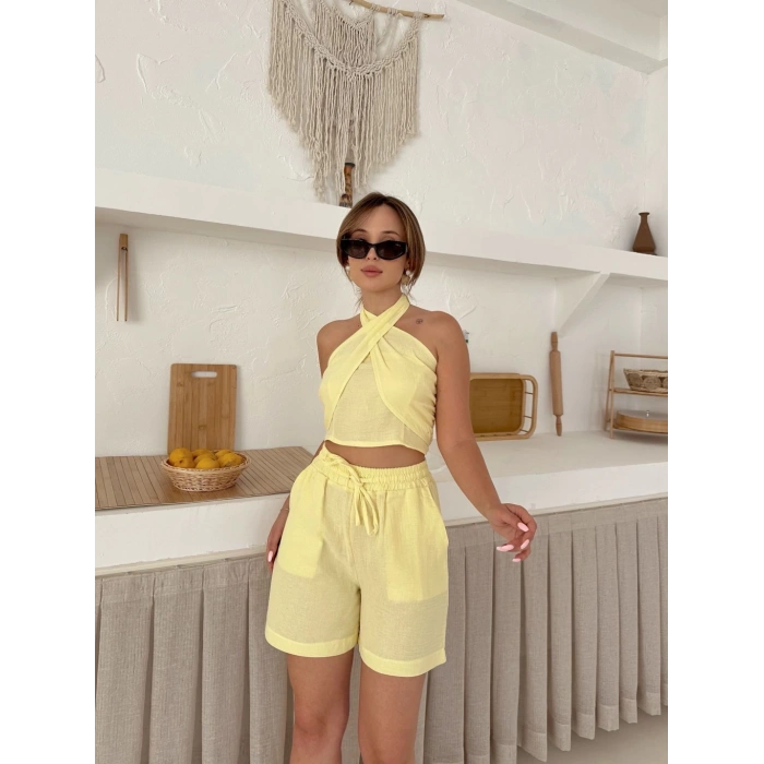 Boyundan bağlamalı keten şortlu takım