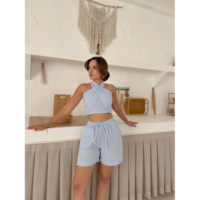 Boyundan bağlamalı keten şortlu takım