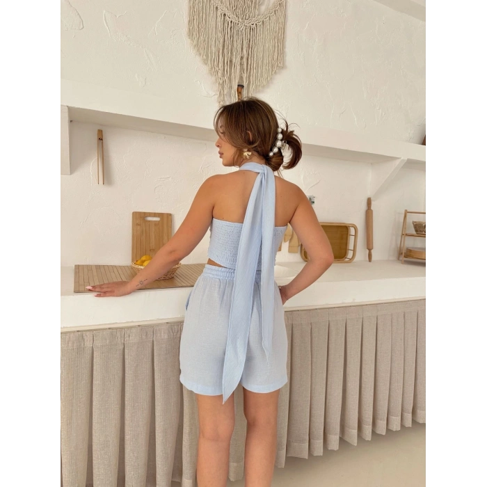 Boyundan bağlamalı keten şortlu takım