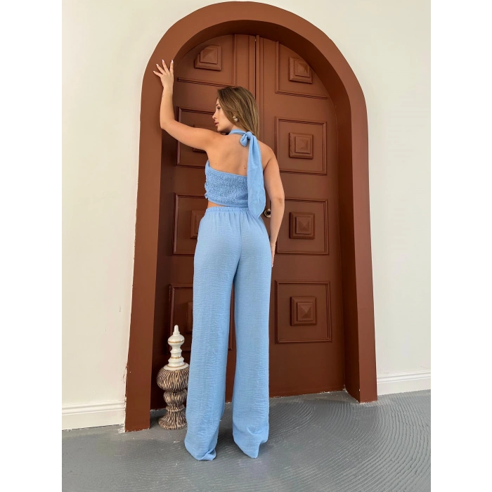 Boyundan bağlama detay bluz ve pantolonlu keten ikili takım