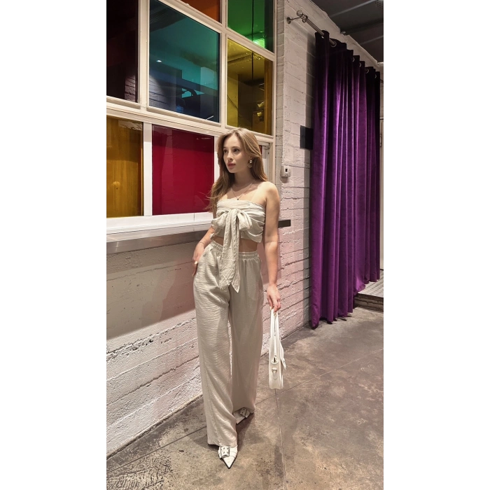 Boyundan bağlama detay bluz ve pantolonlu keten ikili takım