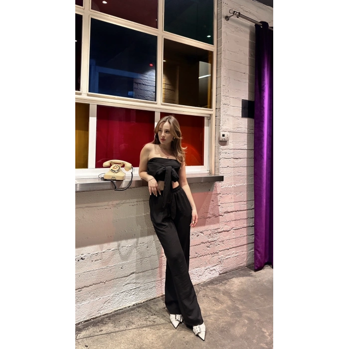 Boyundan bağlama detay bluz ve pantolonlu keten ikili takım