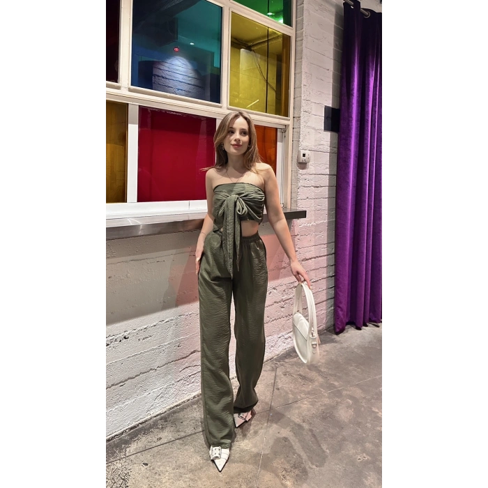 Boyundan bağlama detay bluz ve pantolonlu keten ikili takım