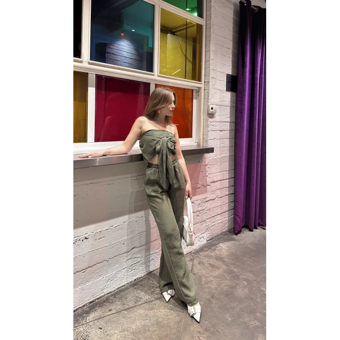 Boyundan bağlama detay bluz ve pantolonlu keten ikili takım