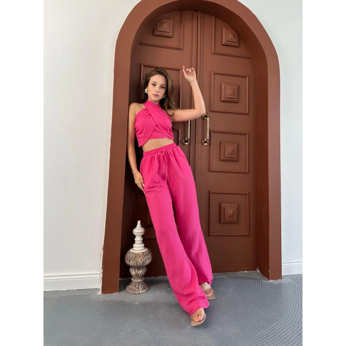 Boyundan bağlama detay bluz ve pantolonlu keten ikili takım