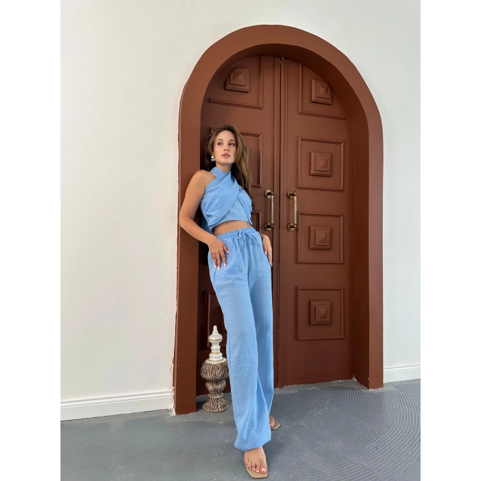 Boyundan bağlama detay bluz ve pantolonlu keten ikili takım