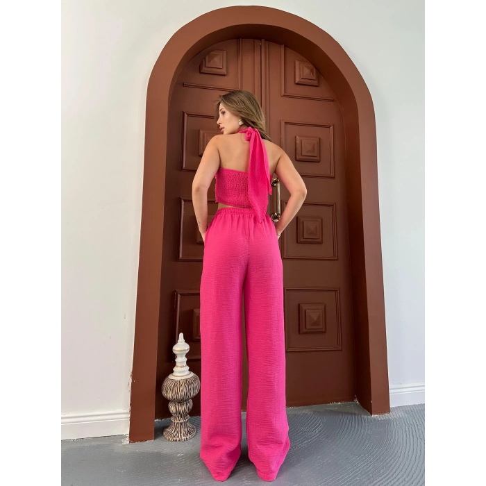 Boyundan bağlama detay bluz ve pantolonlu keten ikili takım