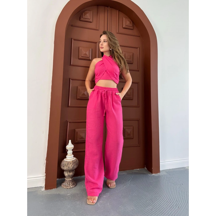 Boyundan bağlama detay bluz ve pantolonlu keten ikili takım