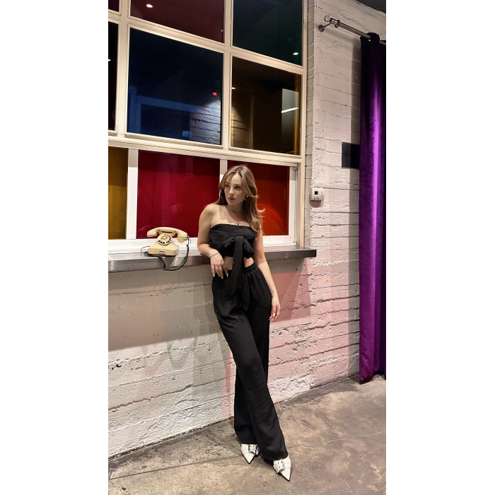 Boyundan bağlama detay bluz ve pantolonlu keten ikili takım