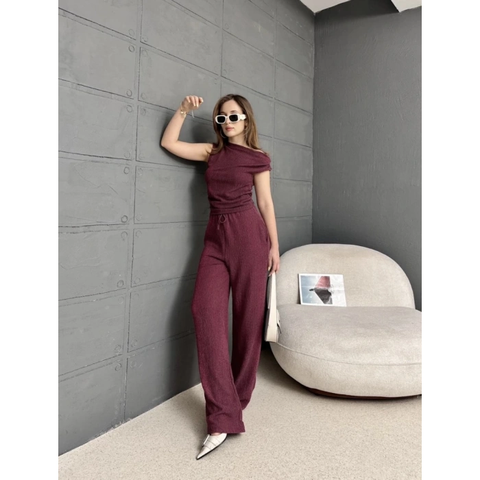 Gofre bluz ve pantolonlu ikili takım
