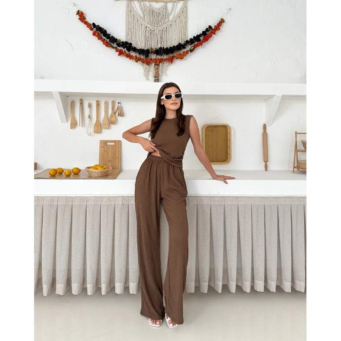 Sıfır kol Drapeli bluz ve pantolonlu ikili takım