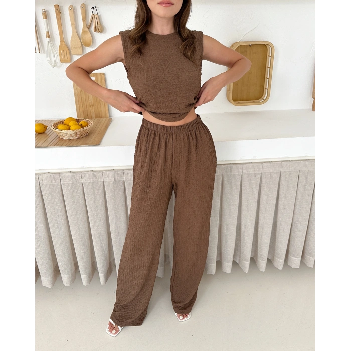 Sıfır kol Drapeli bluz ve pantolonlu ikili takım