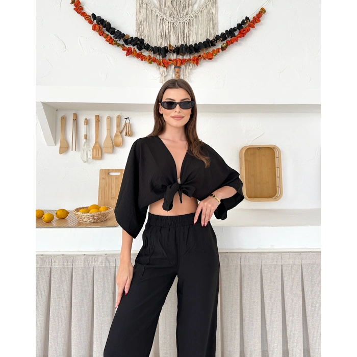 Önden bağlamalı çilek kumaş ikili takım