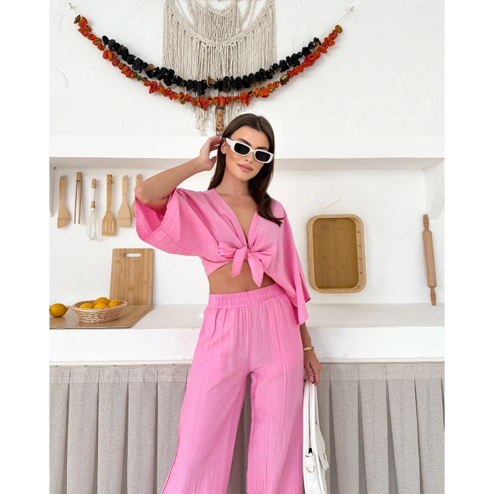 Önden bağlamalı çilek kumaş ikili takım