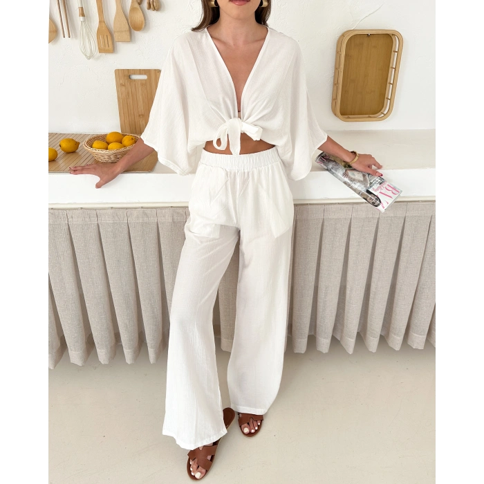 Önden bağlamalı çilek kumaş ikili takım