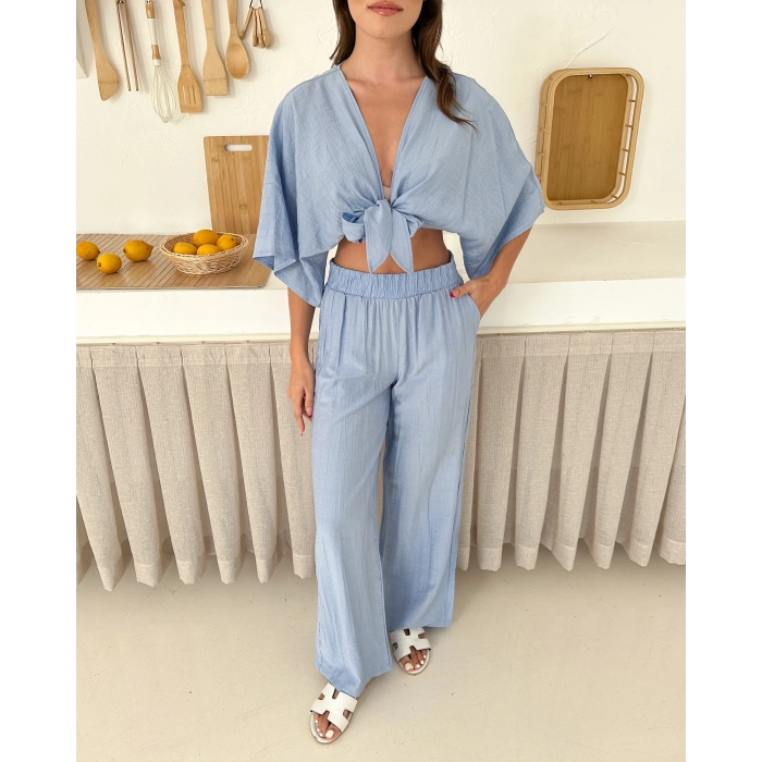 Önden bağlamalı çilek kumaş ikili takım