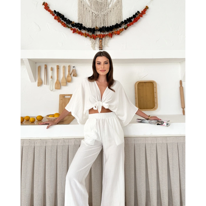 Önden bağlamalı çilek kumaş ikili takım