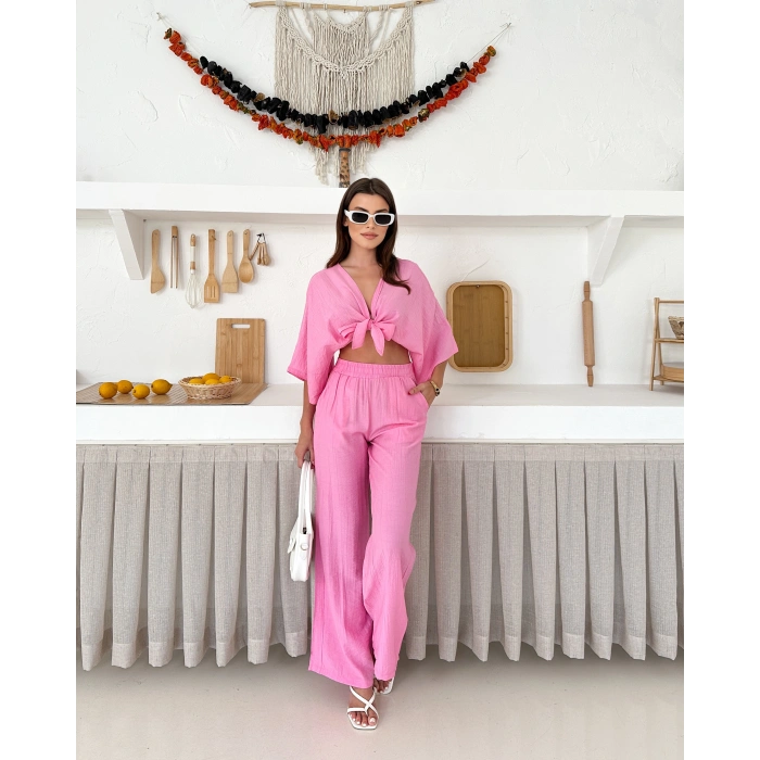 Önden bağlamalı çilek kumaş ikili takım