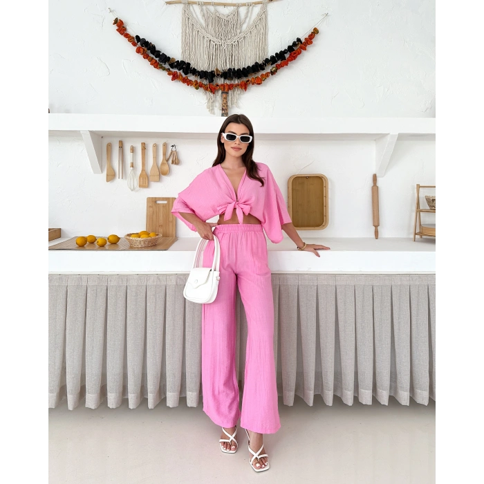 Önden bağlamalı çilek kumaş ikili takım