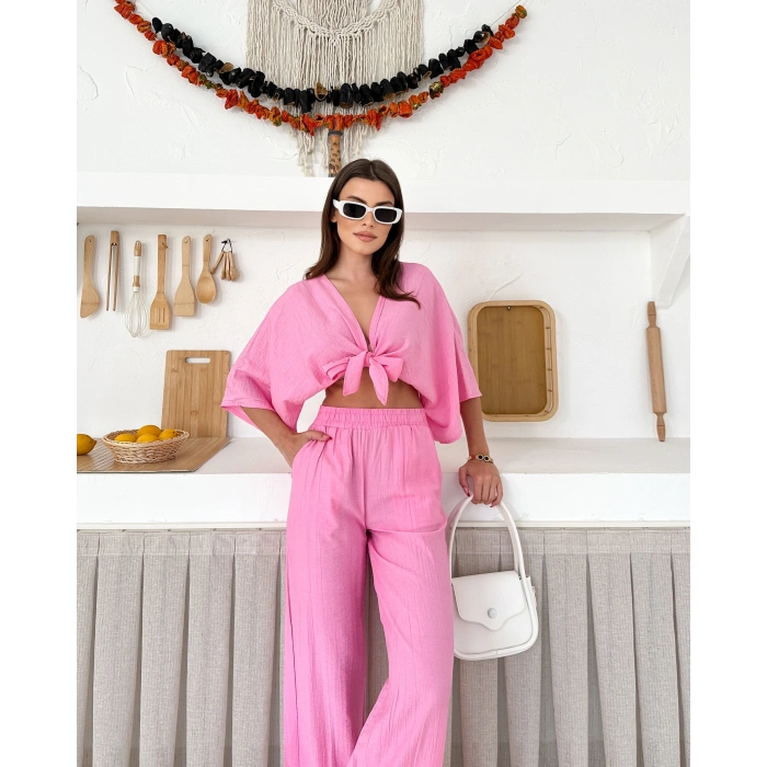 Önden bağlamalı çilek kumaş ikili takım