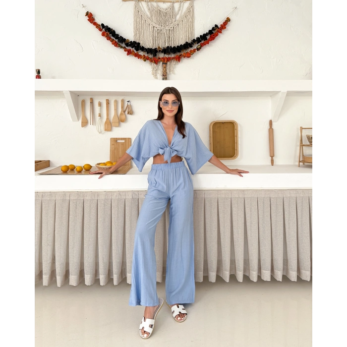 Önden bağlamalı çilek kumaş ikili takım