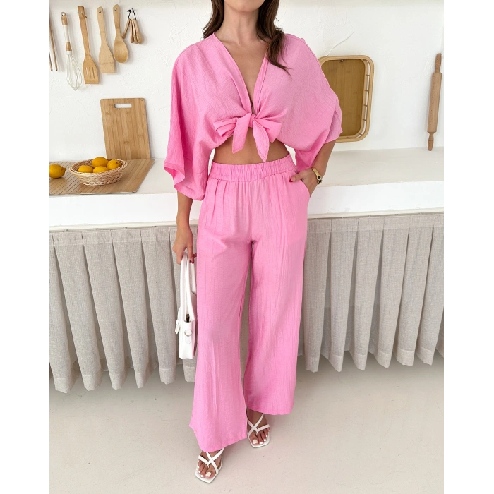 Önden bağlamalı çilek kumaş ikili takım