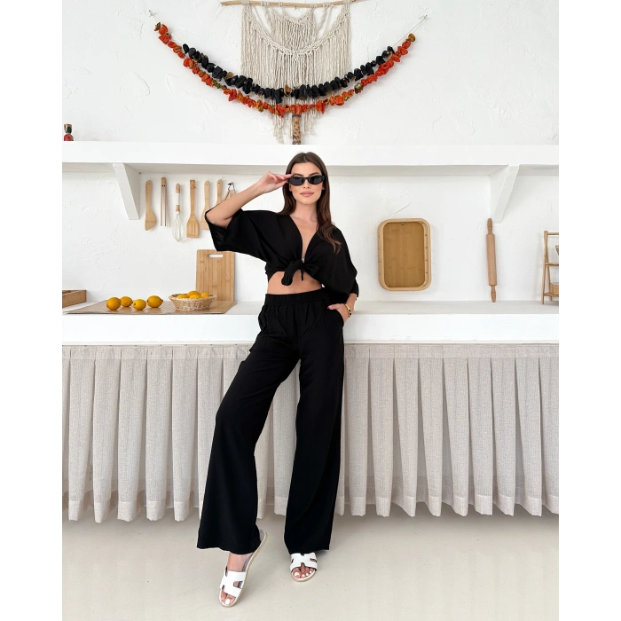 Önden bağlamalı çilek kumaş ikili takım