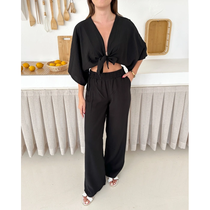 Önden bağlamalı çilek kumaş ikili takım