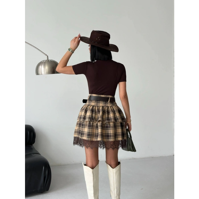 Dantel detay ekose mini etek