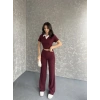 Gömlek yaka crop ve pantolonlu ikili takım