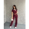 Gömlek yaka crop ve pantolonlu ikili takım