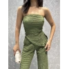 Straplez bluz ve pantolonlu gofre takım
