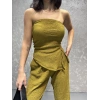 Straplez bluz ve pantolonlu gofre takım