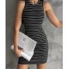 Çizgili halter yaka mini elbise