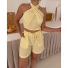 Boyundan bağlamalı keten şortlu takım