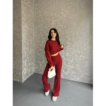 Fitili crop ve pantolonlu triko ikili takım