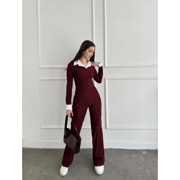 Uzun kol gömlek yaka crop ve pantolonlu ikili takım