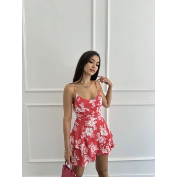 İp askılı desenli şortlu kısa elbise