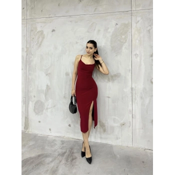 Sandy askılı yırtmaçlı elbise