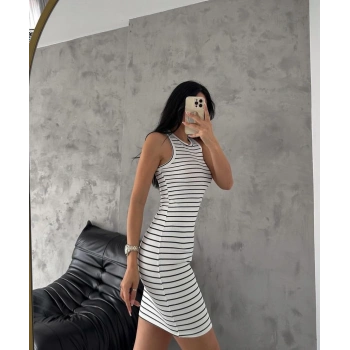 Çizgili halter yaka mini elbise
