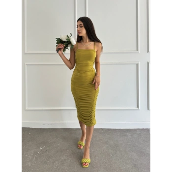 Askılı önü büzgü detay elbise