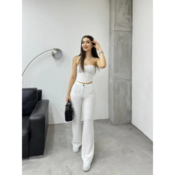 Çizgili Straplez pantolonlu ikili takım