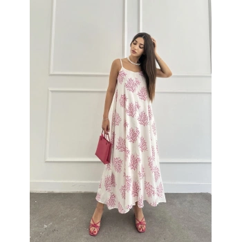 Astarlı desenli askı ayarlı uzun elbise