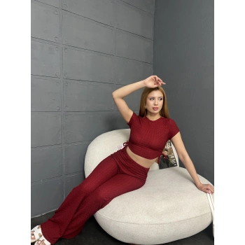 Yan büzgü detay bluz ve pantolonlu ikili takım