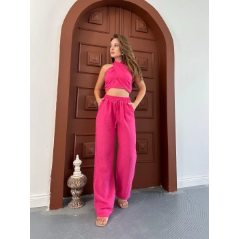 Boyundan bağlama detay bluz ve pantolonlu keten ikili takım