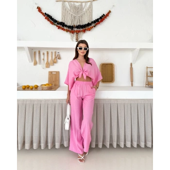 Önden bağlamalı çilek kumaş ikili takım