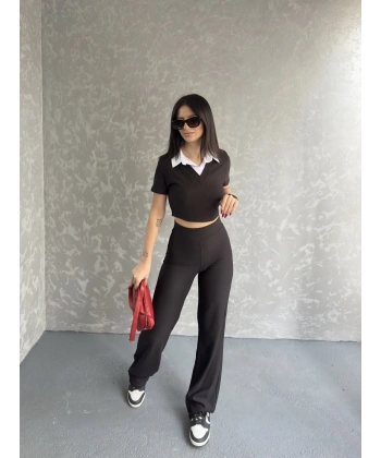 Gömlek yaka crop ve pantolonlu ikili takım